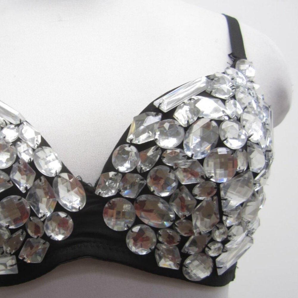 Womens Clear Silvertone Back Faceted Bead Bedazzled Black Underwire Bra Size M - Picture 3 of 5